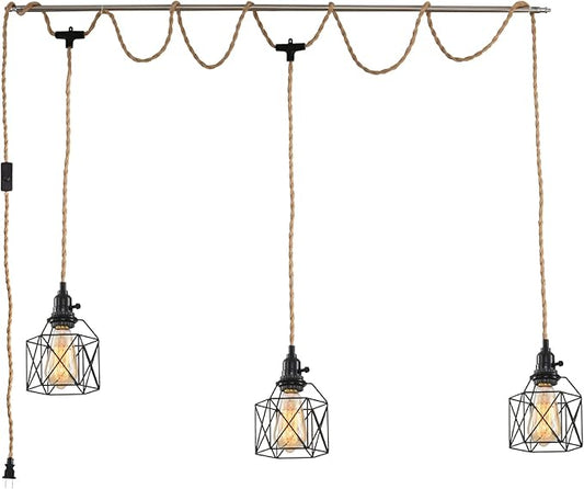 3-Light Hanging Light with Plug in Cord,Plug in Pendant Light 22ft Hemp Rope Pendant Lighting Vintage 3-Light Hanging Lamp Fixtures for Kitchen Island Living Room Bedroom