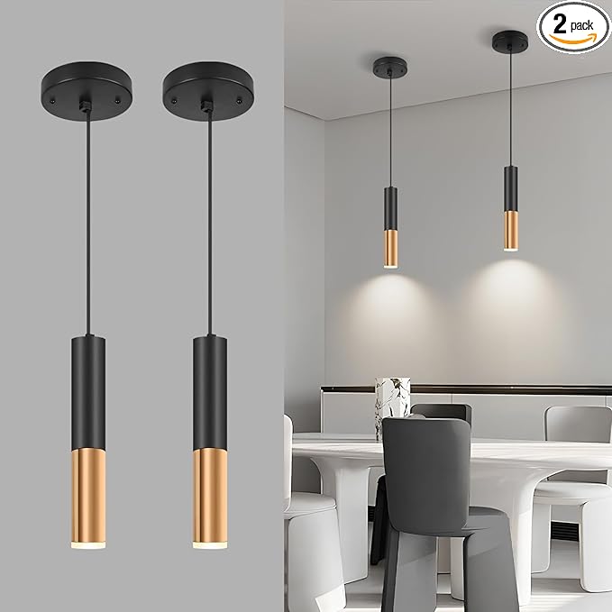 Simple and Modern Black Cylindrical Pendant, 1-Light Chandelier with Adjustable Rope, Matching GU10 Sockets for Living Room, Bedroom and Dining Room (Wide Beam Angle) (2 Pack)