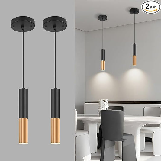 Simple and Modern Black Cylindrical Pendant, 1-Light Chandelier with Adjustable Rope, Matching GU10 Sockets for Living Room, Bedroom and Dining Room (Wide Beam Angle) (2 Pack)
