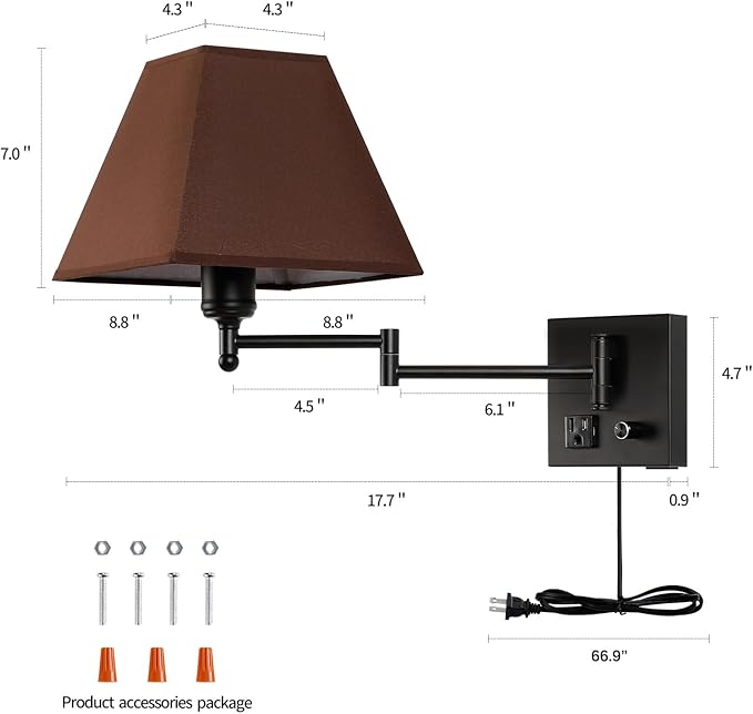 Swing Arm Wall Lamp.Plug in Wall Sconces with USB Port and AC Outlet.Sconces Wall Lighting Coffee Fabric Shade with Dimmable Switch for Hallway Bedroom Living Room.Black Finish.