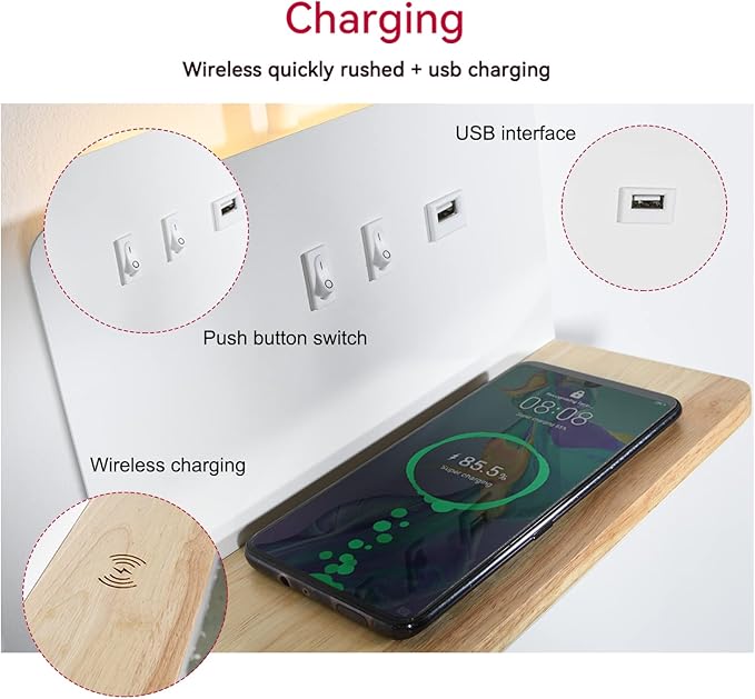 Bedside Wall Sconces with Wireless Charging Station & USB Charging, 3 Adjustable Color Temperatures LED Reading light, 3000K Warm Ambient lighting Wall Mounted Sconce for Bedroom, Plug-in or Hardwired