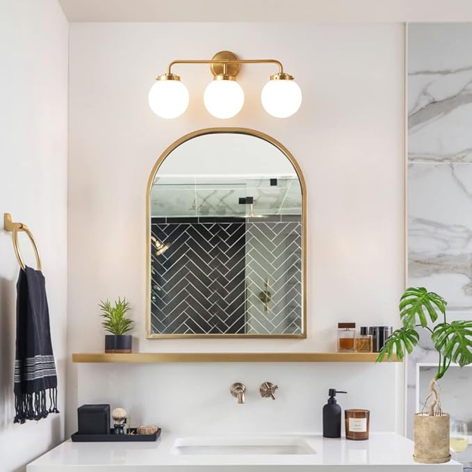 Gold Bathroom Vanity Light Fixtures Over Mirror, Modern Brass 3 Lights Wall Sconce with Milky Glass Ball Shade, Mid Century Farmhouse Vanity Lighting