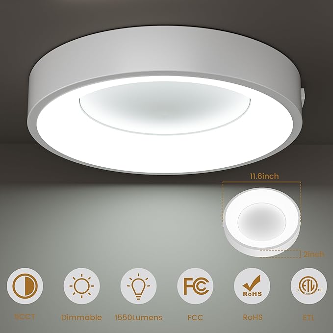 12 Inch LED Flush Mount Ceiling Light with Night Light, 5CCT & Dimmable, 20W 1550LM 2700K-5000K, Modern Round White Ceiling Fixture for Bedroom, Kitchen, Hallway, Living Room, Closets