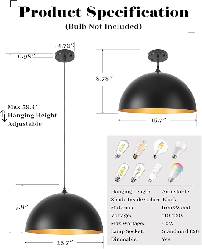 Large Pendant Lights Kitchen Island 3 Packs, 16 inch Black and Gold Dome Pendant Light, Industrial Farmhouse Pendant Lights Fixtures Metal for Kitchen Island, Dining Room, Cafe, Bar
