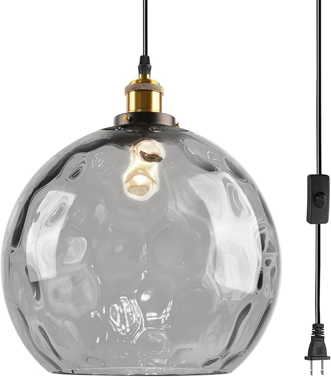 Large Globe Hanging Lights Plug in, 13.8" Vintage Smoke Glass Hanging Lamp with Plug in Cord, Grey Plug in Pendant Light Fixtures Ceiling Hanging for Kitchen Island Dining Room Living Room
