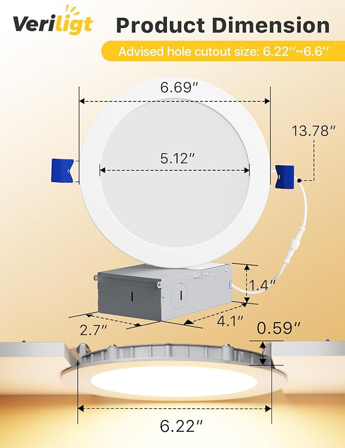4 Pack 6 Inch LED Recessed Light, Dimmable, Damp Rated, 5CCT Selectable, 12W 1200LM, 120V, Silm Canless Wafer Ceiling Light, ETL&FCC