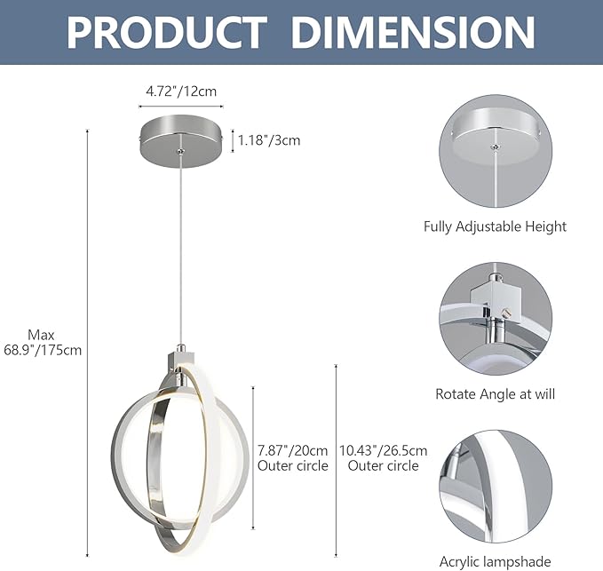 Modern LED Chandelier Chrome Ring Pendant Light Fixtures 4000K Dimmable Height Adjustable Pendant Lighting for Dining Room Kitchen Island Bedroom Living Room Foyer（Chrome Round 3-Pack）