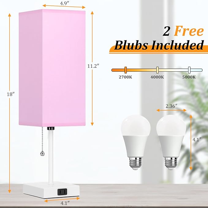 18'' Table Lamp for Bedroom set of 2,3-Color Bedside Lamps with Pull Chain Table Lamps for Night stands ,Small Night Light Lamps with 2 Bulbs Lamps for Living Room Kids Room Office Decor（Pink+White）