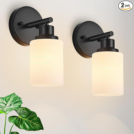 2-Pack, 1-Light Vanity Lights, Matte Black Bathroom Light Fixture with Textured Milky White Glass Shade, E26 Modern Vanity Lighting Fixture for Bathroom Wall Sconce