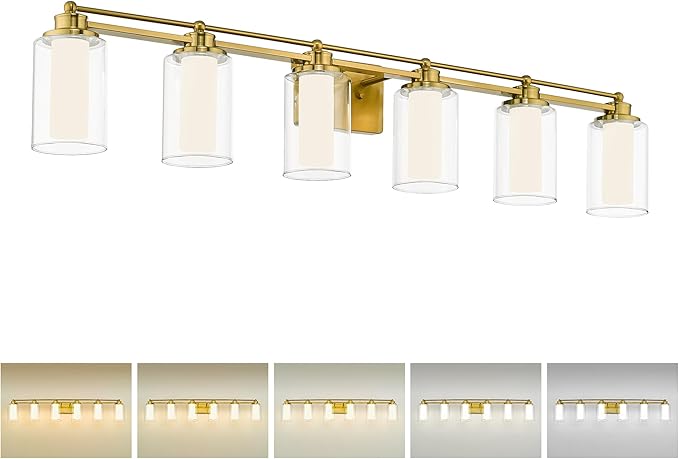 Bathroom Vanity Light Fixtures 6 Light, HWH Brushed Gold Vanity Light Over Mirror, Brass Wall Vanity Lights, 36W 5CCT LED Dimmable Bathroom Light, 5HLT63B-6W-LED BG