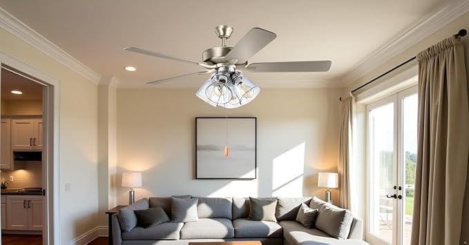 Aspen Creative 22016-1, Four-Light Ceiling Fan Light Kit with Pull Chain, Brushed Nickel Finish with Clear Glass Shades, 13-1/8" Diameter x 6-3/4" Height