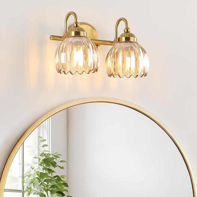 Vintage Bathroom Light Fixtures, Brass Vanity Lights with Amber Tulip Glass Shade, Vanity Sconces for Bathroom Bedroom Living Room Hallway, 2-Light