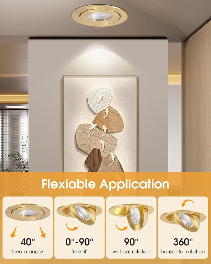 POPANU 4 inch LED Recessed Light - 9W Gold Gimbal Recessed Lighting Canless Soffit Swivel Eyeball 90° Tilt Wafer Slope Ceiling Adjustable Spotlight Dimmable for Accent Lighting Gold 6 Pack