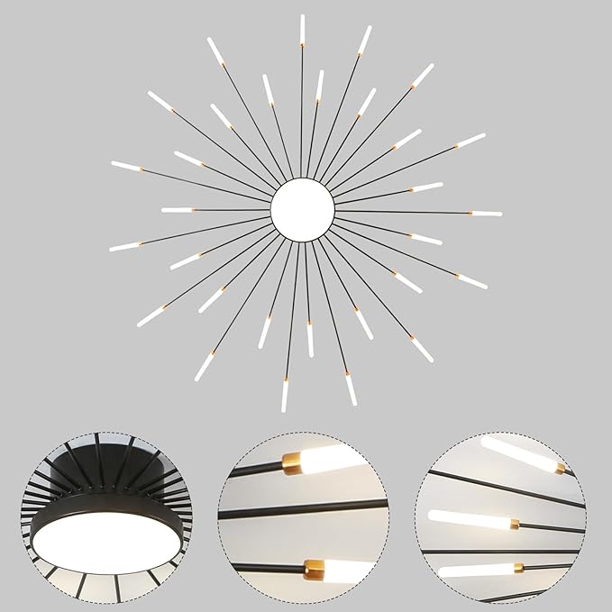 JAYMP 50.4" Ceiling Light Modern Flower Shape Ceiling Lamp for Living Room Dining Room Flush Mount Metal Acrylic Sputnik Firework Petal LED Lighting Fixture (Matte Black, 30+1 Lights)