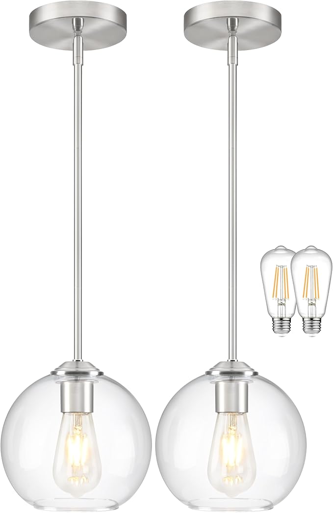 7 Inch Nickel 2-Pack Modern Pendant Lights Kitchen Island Mid Century Modern Pendant Light Fixtures with Clear Glass Globe Modern Hanging Pendant Light for Bathroom Bedroom （Bulb Incl）