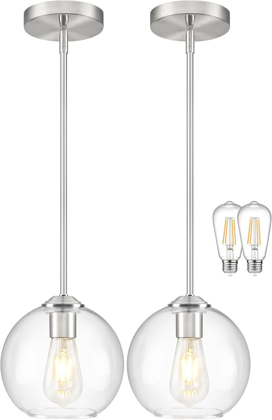 7 Inch Nickel 2-Pack Modern Pendant Lights Kitchen Island Mid Century Modern Pendant Light Fixtures with Clear Glass Globe Modern Hanging Pendant Light for Bathroom Bedroom （Bulb Incl）