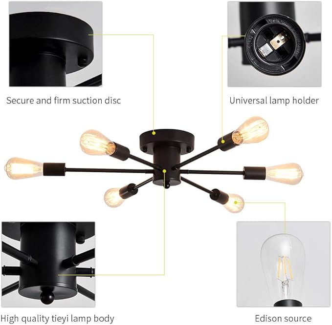 UOFUS 6 Lights Sputnik Semi Flush Mount Ceiling Light Matte Black Modern Edison Chandelier Industrial Close to Ceiling Light for Farmhouse Dining Room Kitchen Bedroom Living Room Study