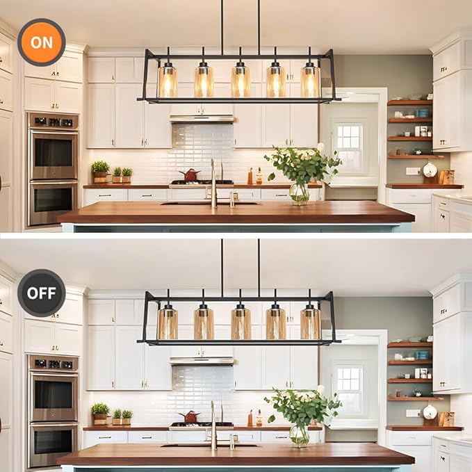 DSMJFU Matte Black Farmhouse Dining Room Lighting Fixture, 5-Light Linear Pendant Lighting, Rectangle Kitchen Light with Amber Glass Shades, Adjustable Height Rectangle Hanging for Kitchen Table