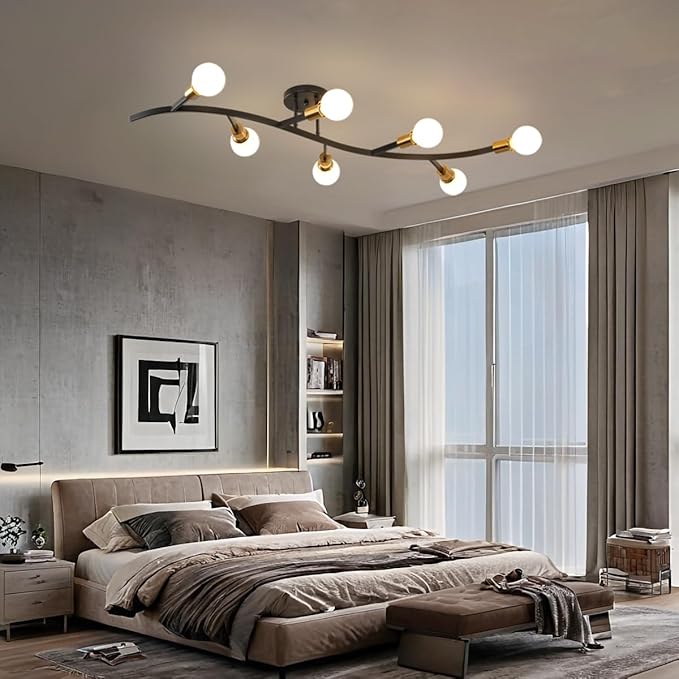 Black and Gold Modern Sputnik Semi Flush Mount Ceiling Light Fixture 7-Lights,Mid Centur Minimalist sputnik Chandelier for Living Room,Dining Room,Bedroom,Kitchen,Hallway(Bulbs Not Included)