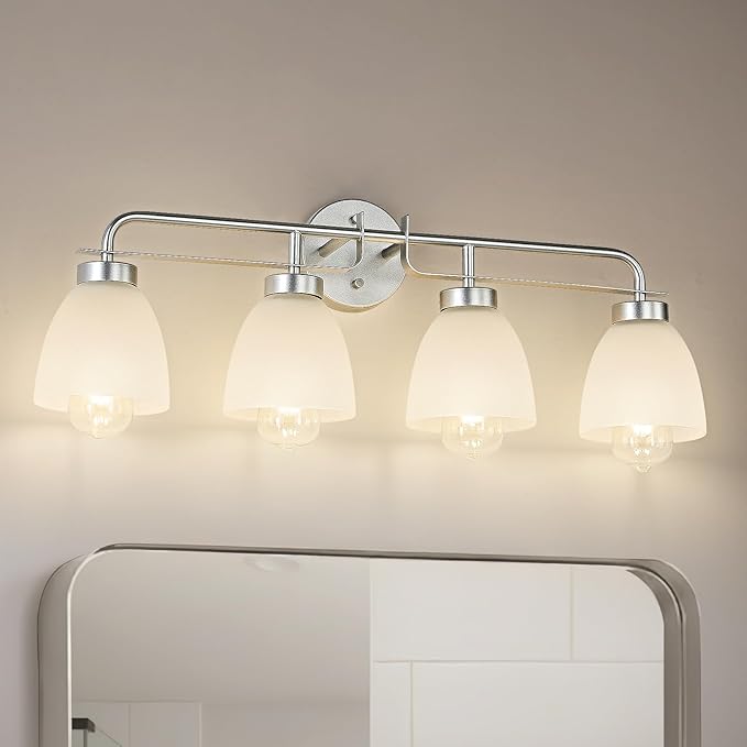 28 Inch Mid-Century Modern Vanity Lights, 4-Light Silver Bathroom Light Fixture with Frosted White Bell Shades, Industrial Wall Sconce for Mirror Over Vanity, Bedroom, Hallway