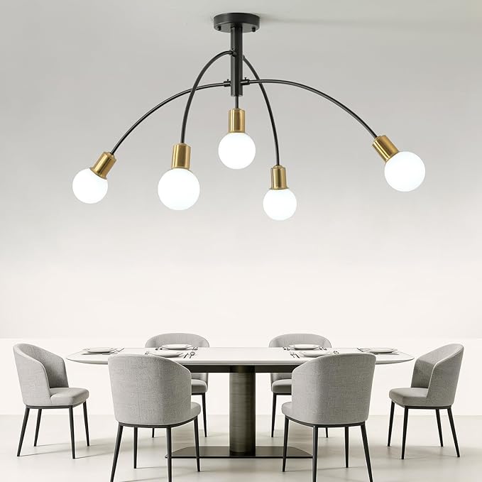 Mid Century Semi Flush Mount Dining Room Ceiling Light Fixture,Modern 5 Light Gold and Black Sputnik Kitchen Island Chandelier for Living Room Bedroom