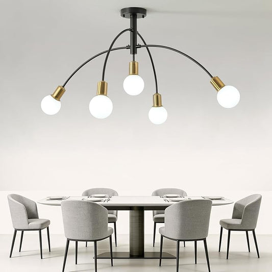Mid Century Semi Flush Mount Dining Room Ceiling Light Fixture,Modern 5 Light Gold and Black Sputnik Kitchen Island Chandelier for Living Room Bedroom