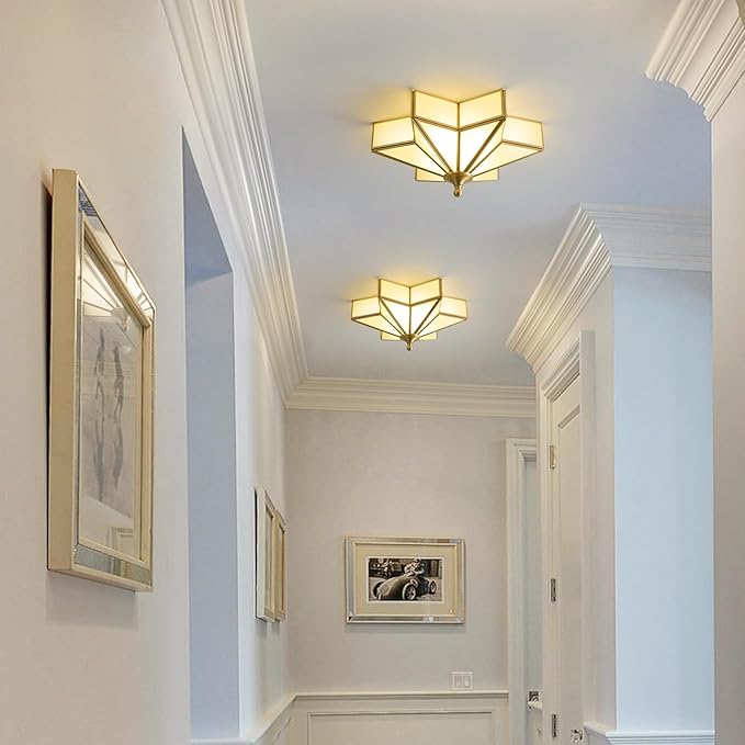 Star Brass Glass Ceiling Light - Small 12 Inch Gold Milk Flush Mount Fixture - Unique Art Deco Vintage Modern Lighting Lights for Bedroom Dining Foyer Entryway Hall Hallway Outdoor Porch