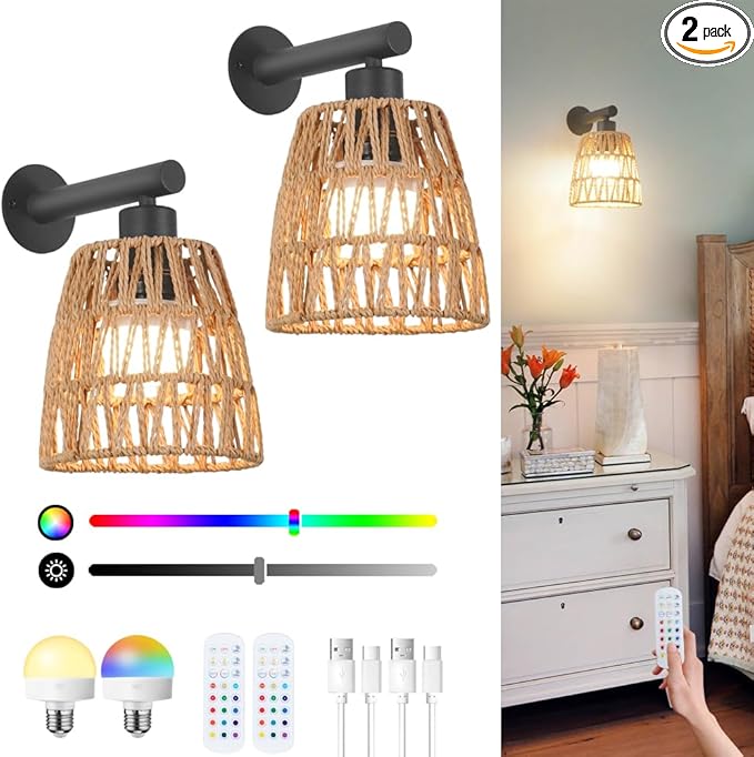 Boho Battery Operated Wall Sconces, Rattan Wall Sconce Set of 2 with Remote, RGB 15 Colors Dimmable Rechargeable Wall Light, Black Indoor Wireless Wall Lamp, Farmhouse Rattan Wall Lighting for Bedroom