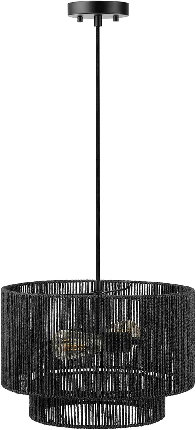 Globe Electric 67000102 2-Light Pendant Light Fixture, Matte Black, Paper Twine Shade, Braided Fabric Cord, Kitchen Island Lighting, Living Room Pendant Light, Hanging Lights for Bedroom