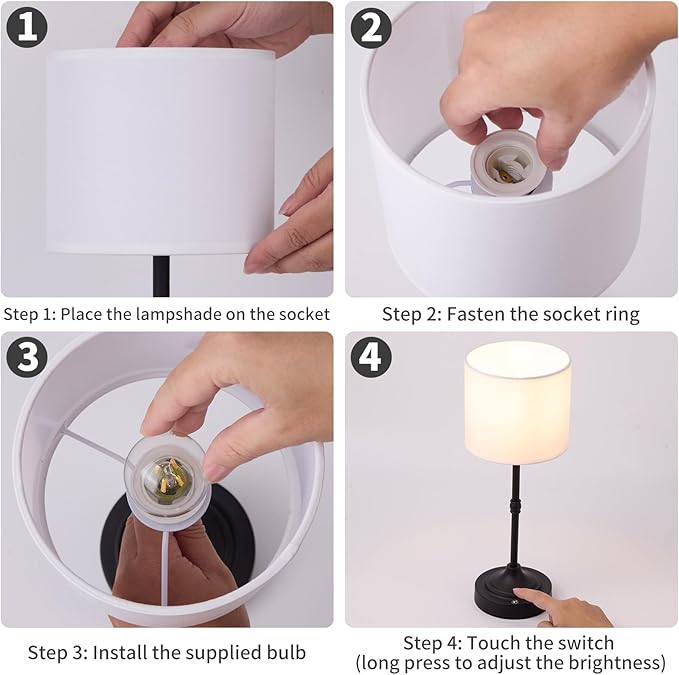 Rechargeable Cordless LED Table Lamp Fabric Shade Desk Lamp, 3-Level Dimmable Touch Control, 5200mAh, Patio Table Lamp, Bedside Night Lamp, Ambient Light for Restaurant.(Black)