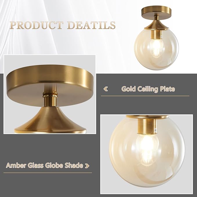 KCO Lighting Amber Glass Globe Flush Mount Ceiling Light Antique Brass Semi Flush Mount Ceiling Light Small Hallway Light Fixtures Ceiling