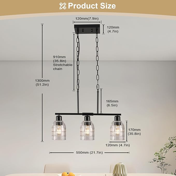 FRIXCHUR Black Kitchen Island Lighting, 3-Light Linear Chandelier with Clear Glass Shades, Modern Pendant Light for Dining Room & Kitchen, Adjustable Height, E26 Bulb Compatible, Metal in Black