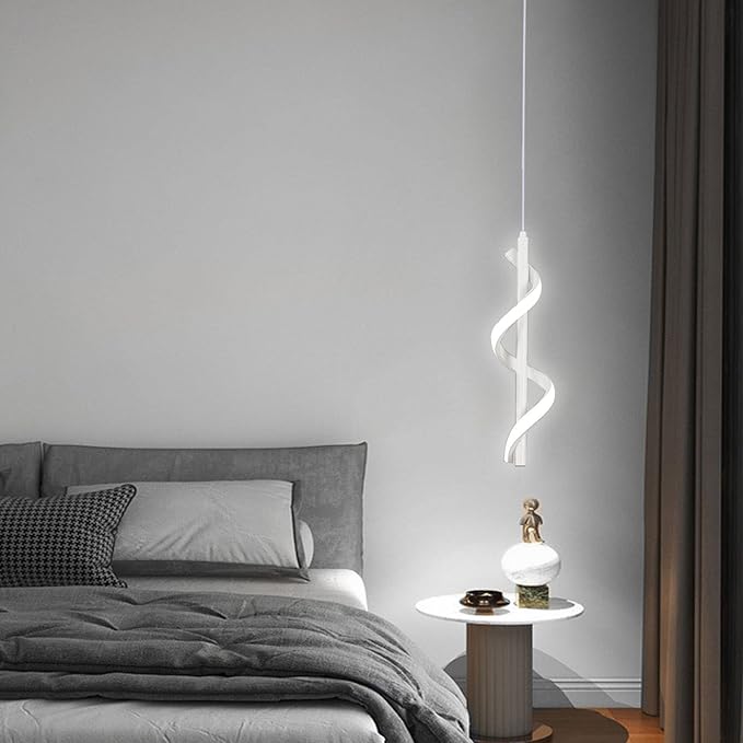 13W Modern Spiral Led Pendant Light Fixture, Cold White 5500K Minimalist Integrated LED Hanging Lamp, Adjustable Hanging Island Light Fixture For Bedroom Living room Kitchen Sink, 1 Pack (White)