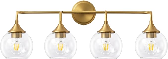 Bathroom Vanity Light Gold, 4 Light Bathroom Light Fixtures Over Mirror with Clear Glass Shade, 31 inch Vanity Lights for Bathroom Farmhouse (Exclude E26 Bulb)