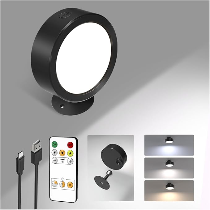 EZVALO LED Wall Mounted Lights, 3000mAh Rechargeable Wall Light Wall Sconces Lamp, 3 Color Temps & Remote and Touch Control, 360°Rotation Dimmable Cordless for Bedroom Reading Study Bedside (Black)