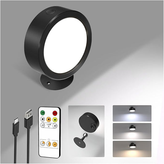 EZVALO LED Wall Mounted Lights, 3000mAh Rechargeable Wall Light Wall Sconces Lamp, 3 Color Temps & Remote and Touch Control, 360°Rotation Dimmable Cordless for Bedroom Reading Study Bedside (Black)