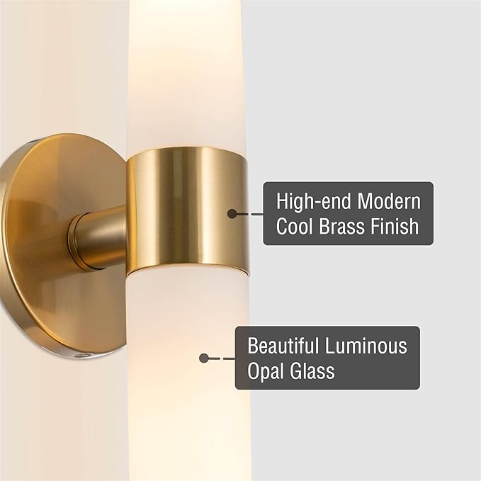 Kira Home Duo 21" Modern Gold Wall Sconce with Frosted Glass Cylinder Shades, Linear 2-Light Gold Wall Light, Cool Brass Finish