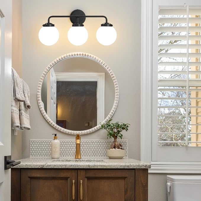 Black Bathroom Light Fixtures Over Mirror, 3-Light Modern Vanity Lighting with Milk White Glass Globe Shade Wall Sconce