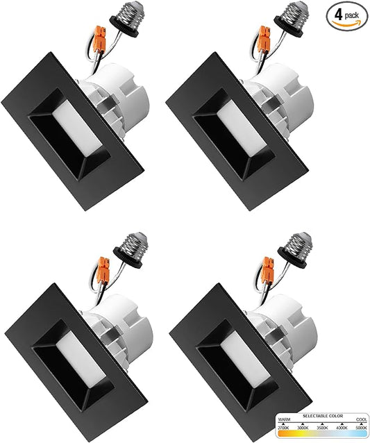 NUWATT 4 Pack, Black 4 Inch LED Ceiling Light Square Retrofit Can Light, 5CCT 2700K/3000K/3500K/4000K/5000K Selectable, 750 Lumens, 11W, Dimmable, ETL ES JA8 T24 Compliant, Wet & IC Rated
