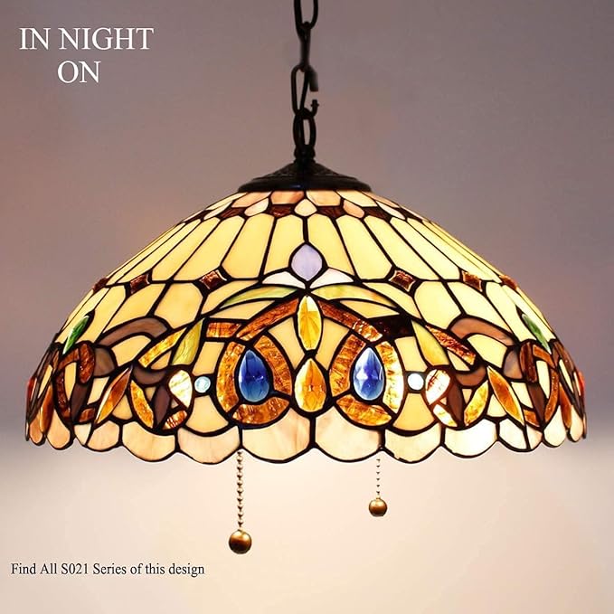 WERFACTORY Tiffany Pendant Light Fixture Serenity Victorian Stained Glass Hanging Lamp Wide 16 Inch, Height 40 Inch S021 Series