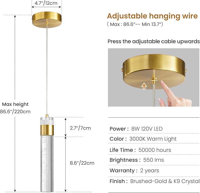 Gold Pendant Lights Kitchen Island 3 Pack Crystal Hanging Pendant Light Fixtures with Crystal Bubble 3000K LED Modern Pendant Ceiling Lighting for Dining Room Restaurant Living Room Bedroom
