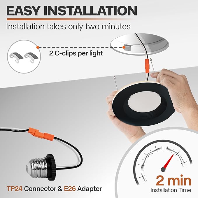 POWERASIA 1 Pack Black 5/6 Inch LED Can Lights with Night Light, 5CCT Retrofit Recessed Lighting Selectable 2700K-6000K Dimmable, 12W=75W, 1200LM Downlight with Metal Smooth Trim-ETL and Energy Star
