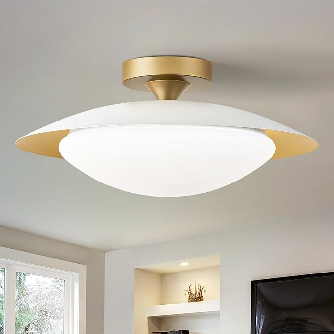 Dimmable Modern Semi Flush Mount Ceiling Light Fixture,Small White and Gold LED Glass Shade Kitchen Ceiling Lights,5CCT In One Light Fxiture for Hallway Entryway Bedroom Laundry Room Foyer(15.75in)