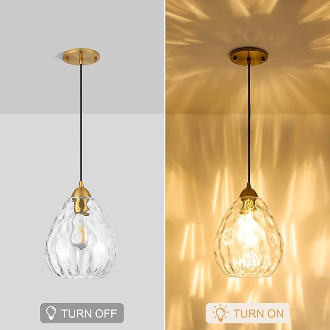 Glass Pendant Lights Kitchen Island 2 Pack,Modern Pendant Lights with Clear Hammered Glass Shade,Gold Adjustable Hanging Pendant Light fixtures for Kitchen Island Dining Room Bedroom(2 Pack)