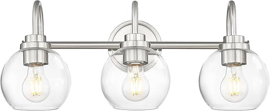 Bathroom Light Fixtures, 3-Light Brushed Nickel Vanity Lights Over Mirror with Globe Clear Glass, Modern Vanity Lighting Fixtures, AD-22280-3W-SN