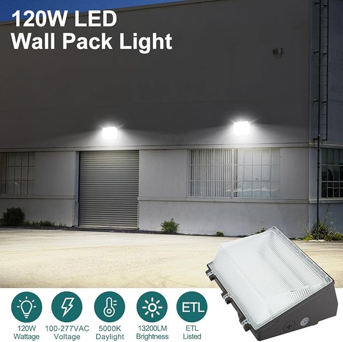 kadision 120W LED Wall Pack Light, 13200lm 5000K Daylight 100-277V, Dusk-to-Dawn Outdoor Lighting Fixture for Parking Lots, Backyards, ETL Listed 2-Pack