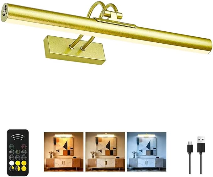 RAIFOOLLY Picture Light,Magnetic Wall Light,16inch Art Light,5000mAh Battery Accent Light with Remote Timer and Dimmable for Painting, Frame, Portrait, Artwork - Gold
