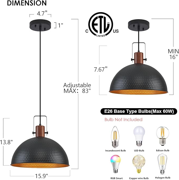 16 Inch Black Pendant Lights Hammered Matte Pendant Lights for Kitchen Island Industrial Farmhouse Adjustable Height Dome Hanging Light Fixtures for Barn, Dining Room 1 Pack