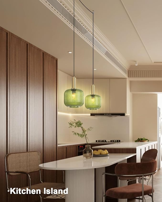 Plug in Glass Pendant Light 1-Light Gold Industrial Light with 14.7FT Black Cord Mid-Century Modern Pendant Lamp for Kitchen Sink Living Room Bedroom, Indoor Green Glass Lamp