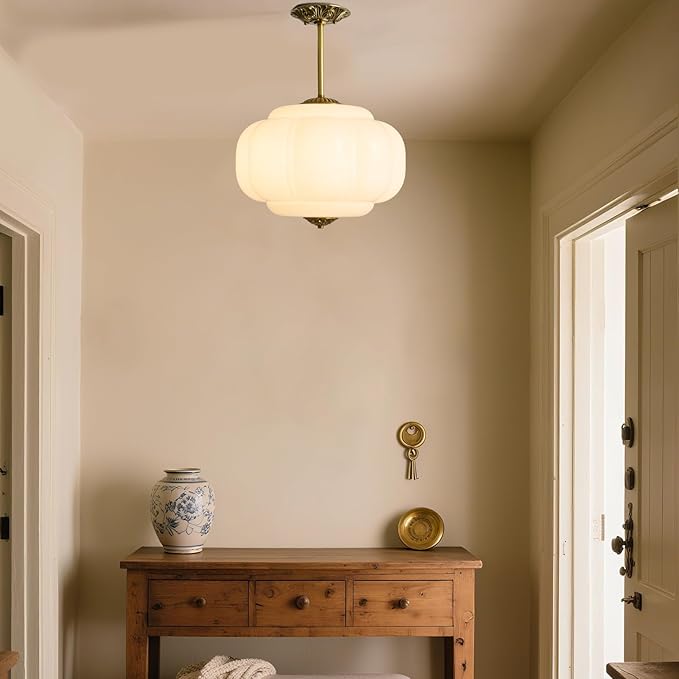 Milk Glass Ceiling Light Fixture,Milk Glass Pendant Light ,Semi Flush Mount Pendant Light Vintage Schoolhouse Ceiling Light for Kitchen Island, Living Room, Dining Room, Bedroom (White, 15 Inch)